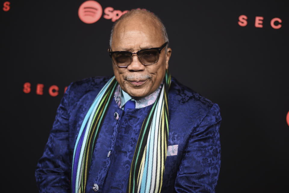 FILE - Quincy Jones arrives at the Secret Genius Awards on Nov. 1, 2017, in Los Angeles. Jones, the iconic music producer, and entertainers Jennifer Hudson and Chance the Rapper are co-owners of the historic Ramova Theatre on Chicago's South Side. The Chicago Sun-Times reports that their ownership was announced Wednesday, Nov 15, 2023. The Ramova has been closed for nearly four decades and no opening date has been announced. (Photo by Richard Shotwell/Invision/AP, File)