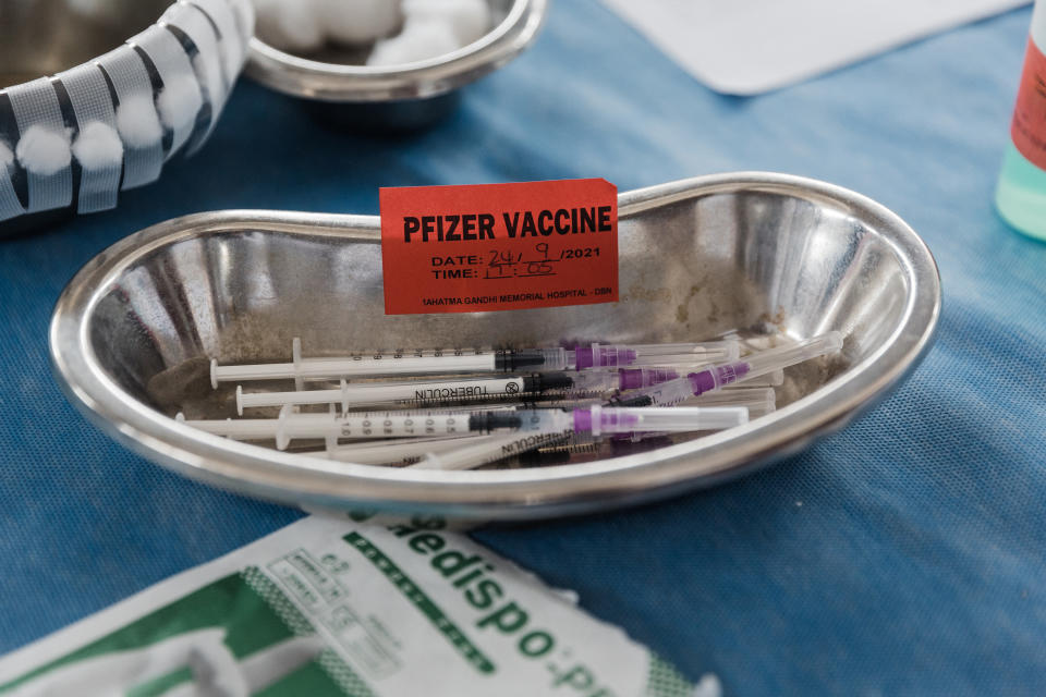 Doses containing Pfizer vaccines to be administered is seen ahead of the launch of the VaxuMzansi National Vaccine Day Campaign at the Gandhi Phoenix Settlement in Bhambayi township, north of Durban , on September 24, 2021. (Rajesh Jantilal/AFP via Getty Images)