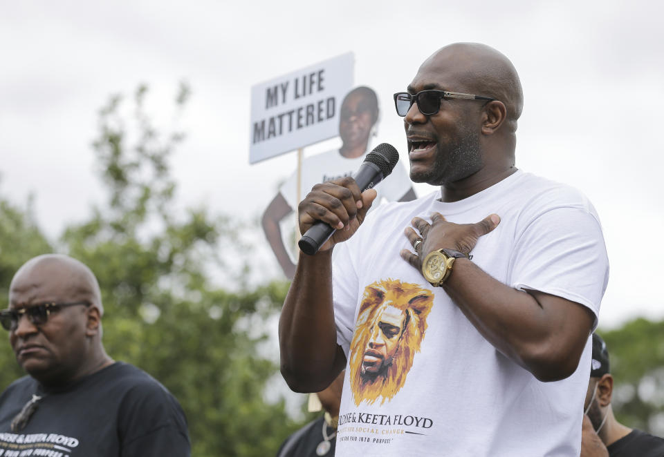 Philonise Floyd, the brother of George Floyd, talks to a crowd of supporters during a "Justice for Pamela Turner" rally on the two-year-anniversary of Turner's death, Thursday, May 13, 2021, in Baytown, Texas. Turner was fatally shot in 2019 by a police officer in the Houston suburb after a struggle over his stun gun. (Godofredo A. Vásquez/Houston Chronicle via AP)