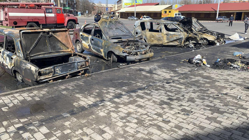 Burnt out vehicles are seen after a rocket attack on the railway station in the eastern city of Kramatorsk, in the Donbass region on April 8, 2022. - More than 30 people were killed and over 100 injured in a rocket attack on a train station in Kramatorsk in eastern Ukraine, the head of the national railway company said. (Photo by Hervé BAR / AFP) (Photo by HERVE BAR/AFP via Getty Images)