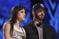 Sofia Boutella, left, and Chris Evans are seen during rehearsals for the 89th Academy Awards on Saturday, Feb. 25, 2017. The Academy Awards will be held at the Dolby Theatre on Sunday, Feb. 26. (Photo by Matt Sayles/Invision/AP)