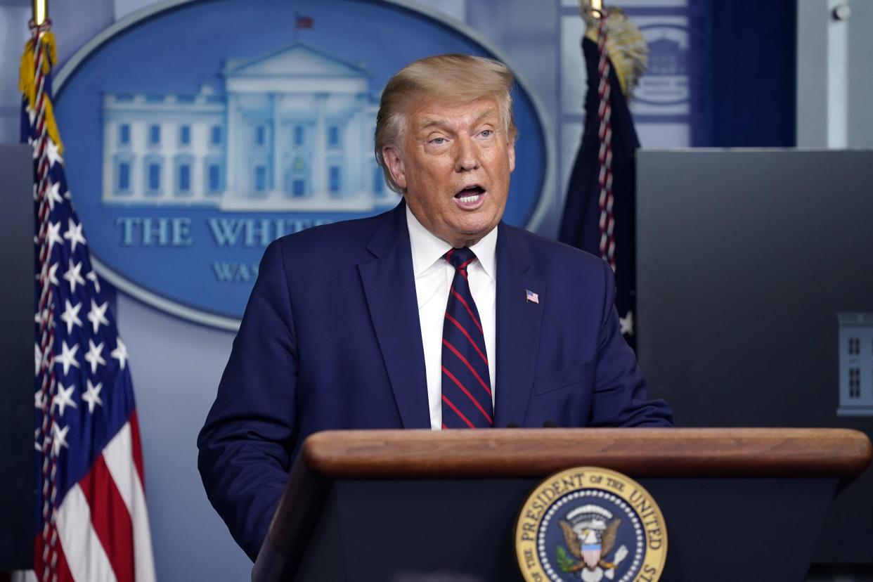 President Donald Trump speaks during a news conference in the James Brady Press Briefing Room at the White House, Friday, Sept. 4, 2020, in Washington. (AP Photo/Evan Vucci)