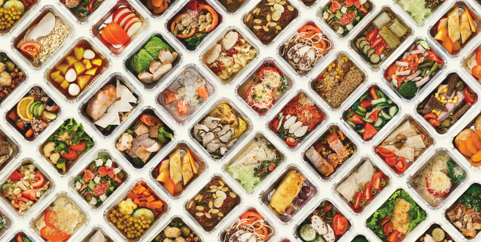 A colorful expanse of takeout and delivery meals in cubbies.