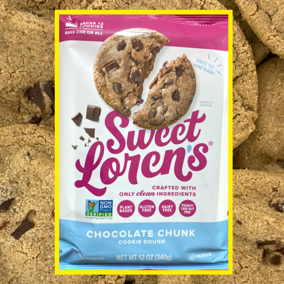 Package of Sweet Loren's Chocolate Chunk Cookie Dough, showing cookies, and various certifications such as non-GMO, gluten free, and plant-based