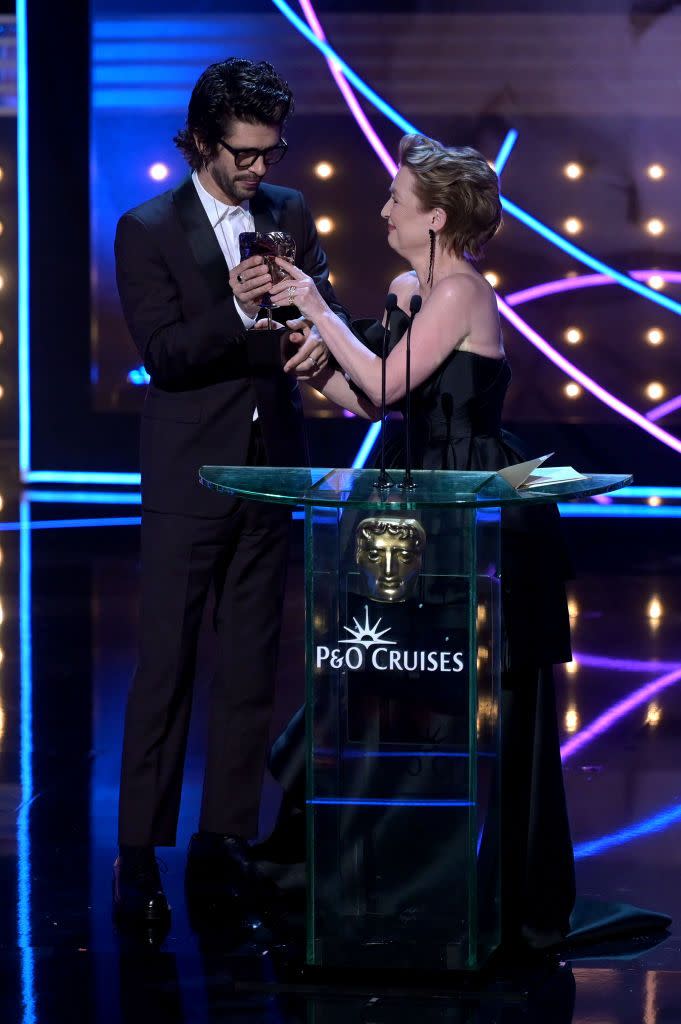 london, england may 14 lesley manville r, and the leading actor winner, ben whishaw l, on stage during the 2023 bafta television awards with po cruises, held at the royal festival hall on may 14, 2023 in london, england photo by stuart wilsonbaftagetty images for bafta