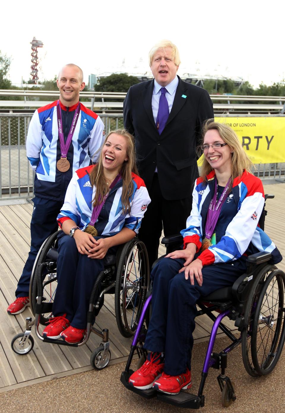 Mayor of London Boris Johnson with Ben Quilter (left) Hannah Cockcroft (2nd left) and Sophie Christiansen (right) at the National Paralympic Day in the Queen Elizabeth Olympic park in Stratford, where he was presented the Paralympic order by the International Paralympic committee. PRESS ASSOCIATION Photo. Picture date: Saturday September 7, 2013. See PA story SPORT Paralympics. Photo credit should read: Sean Dempsey/PA Wire