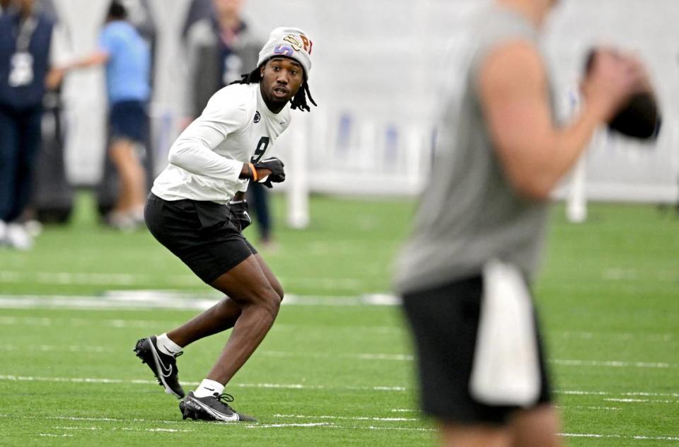 Cornerback Joey Porter Jr. runs a route during position workouts at Penn State football’s Pro Day on Friday, March 24, 2023.