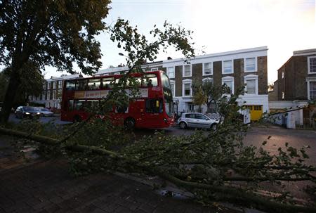 A bus travels past fallen trees in Islington, north London, after the St. Jude storm swept through southern parts of Britain October 28, 2013. REUTERS/Olivia Harris