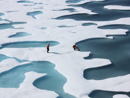 The dark teal waters of the melt ponds atop Arctic sea ice stand in stark contrast to the bright white of the ice and snow in this photo taken on July 12, 2011.