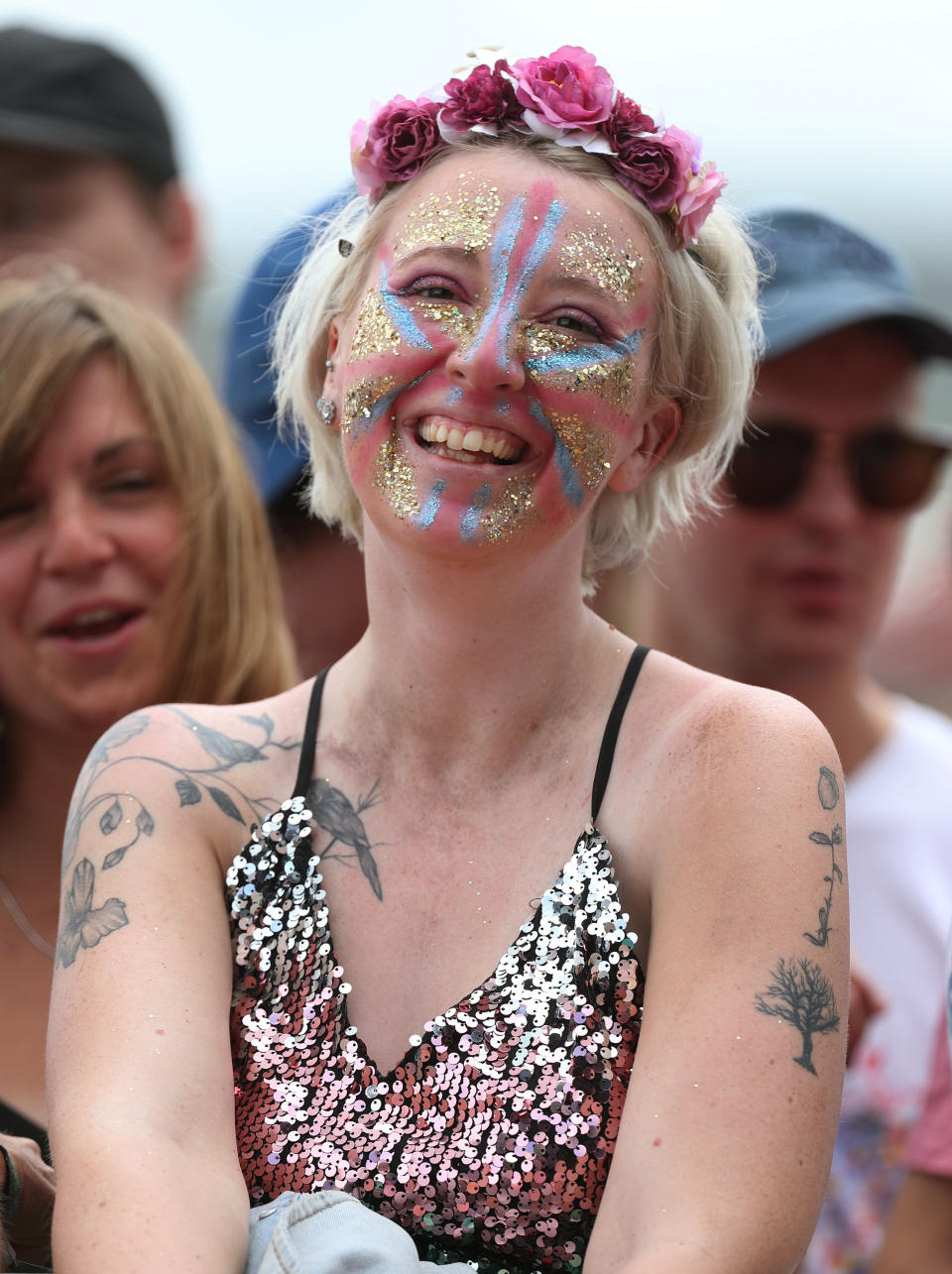 Festival goers watch Mavis Staples on the fifth day of the Glastonbury Festival at Worthy Farm in Somerset.