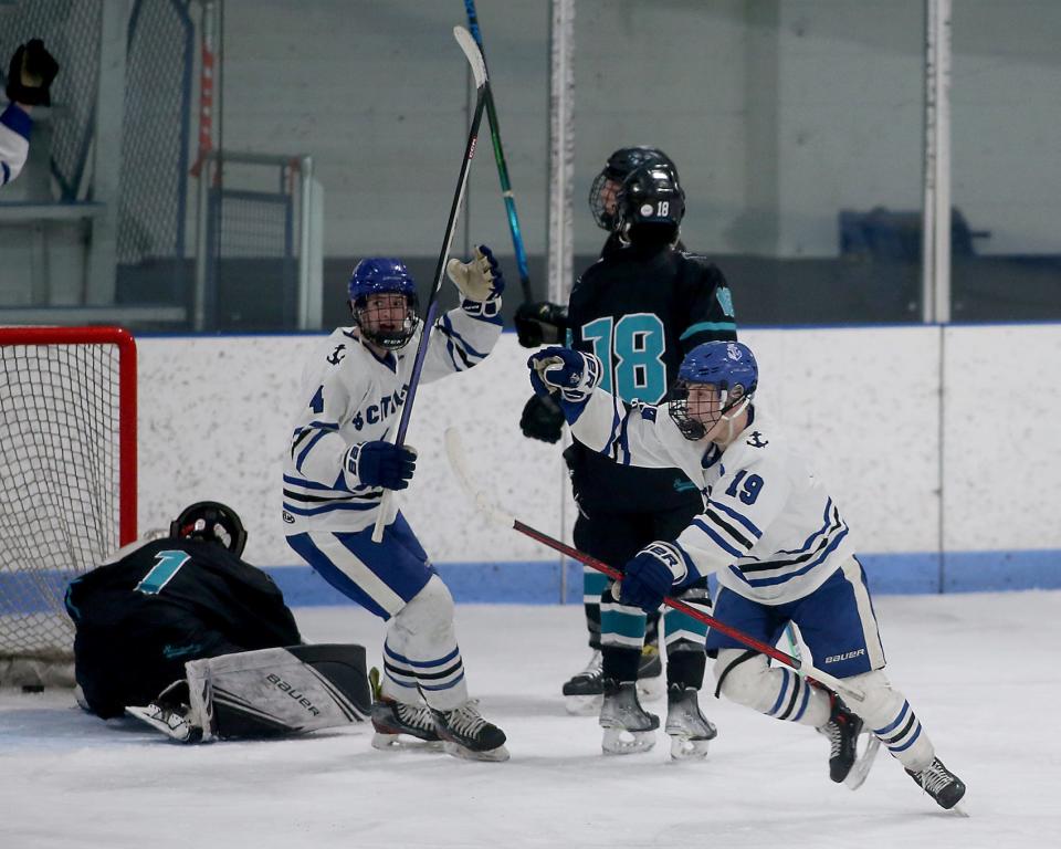 Scituate’s Teagan Pratt celebrates his second period goal that gave Scituate the 1-0 lead over Plymouth South during their game at Hobomock Ice Arena in Pembroke on Saturday, Feb. 11, 2023. 