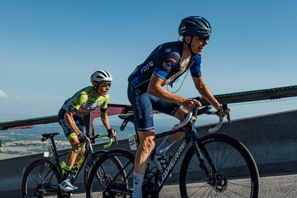 Riders ascending the final kilometres of the Puy de Dôme on stage 9 of the 2023 Tour de France