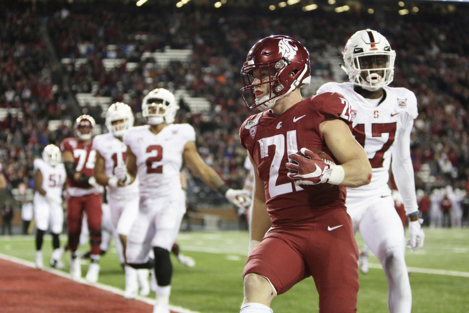Washington State running back Max Borghi (21) runs for a touchdown during the second half of an NCAA college football game against Stanford in Pullman, Wash., Saturday, Nov. 16, 2019. Washington State won 49-22. (AP Photo/Young Kwak)