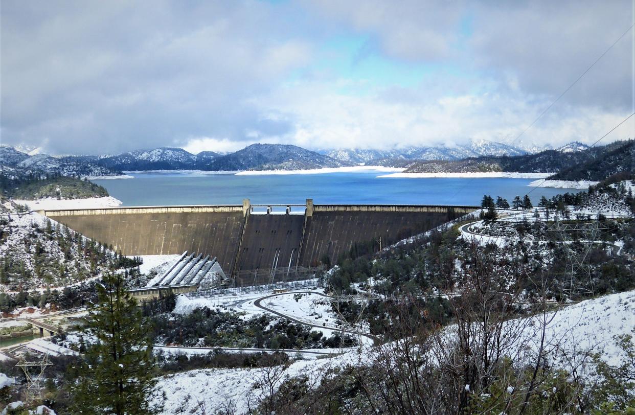 Lake Shasta is decorated in a ribbon of white snow Monday, Feb. 27, 2023, for the second time in less than a week.