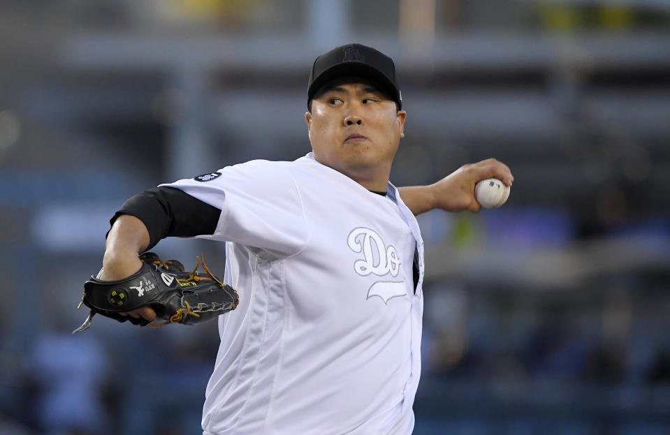 Los Angeles Dodgers starting pitcher Hyun-Jin Ryu, of South Korea, throws during the first inning of the team's baseball game against the New York Yankees on Friday, Aug. 23, 2019, in Los Angeles. (AP Photo/Mark J. Terrill)