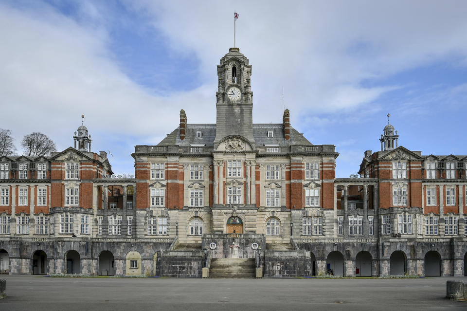 A general view of Britannia Royal Naval College in Dartmouth, Devon, where the Duke of Edinburgh first met the Queen whilst training as a young naval cadet, England, Monday, April 12, 2021. Britain's Prince Philip, the irascible and tough-minded husband of Queen Elizabeth II who spent more than seven decades supporting his wife in a role that mostly defined his life, died on Friday. (Ben Birchall/PA via AP)