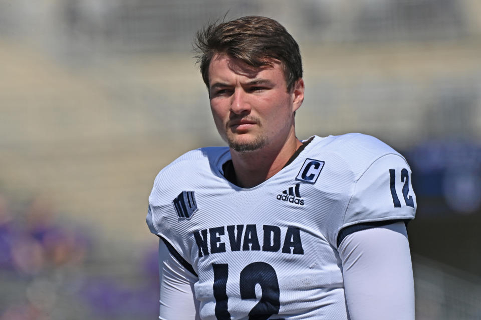 Nevada quarterback Carson Strong believes his knee is much better one year removed from surgery. (Photo by Peter Aiken/Getty Images)