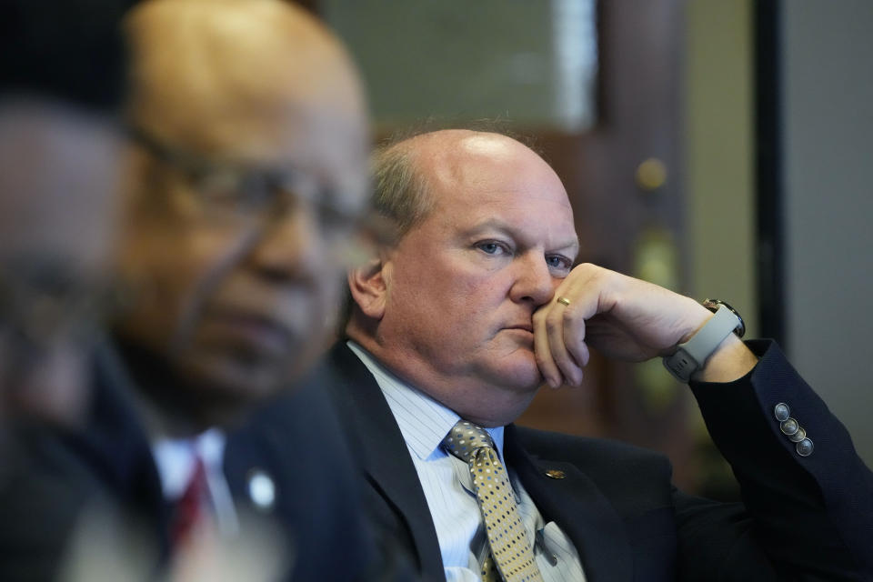 Mississippi State Senate Judiciary B Committee member Sen. Brice Wiggins, R-Pascagoula, listens as committee members review legislation that would restore suffrage for some people convicted of felonies in the past, Monday, April 22, 2024, at the state Capitol in Jackson, Miss. The bills that were approved by the committee will be presented before the state Senate for its approval. (AP Photo/Rogelio V. Solis)