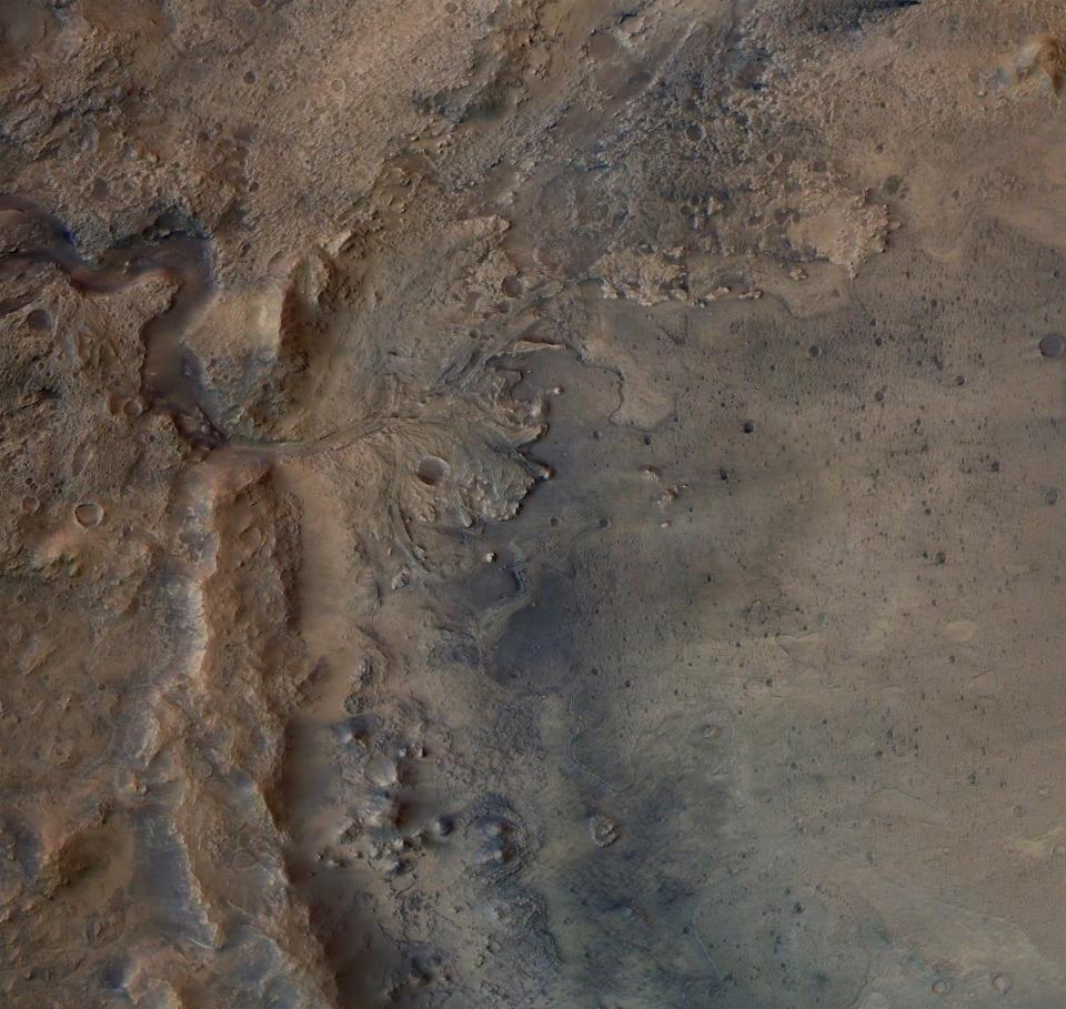 Die Überreste eines alten Flussdeltas am Rande des Jezero-Kraters, aufgenommen vom ESA-Orbiter Mars Express. - Copyright: ESA/DLR/FU-Berlin