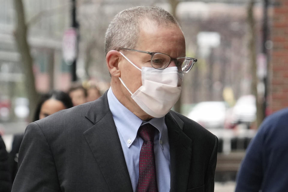 Charles Lieber arrives at federal court in Boston, Wednesday, April 26, 2023. Lieber, a former Harvard University professor convicted of lying to federal investigators about his ties to a Chinese-run science recruitment program and failing to pay taxes on payments from a Chinese university, is scheduled to be sentenced Wednesday. (AP Photo/Steven Senne)