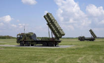 HQ-22 anti-aircraft systems, whose export version is known as FK-3, during the military exercises on Batajnica, military airport near Belgrade, Serbia, Saturday, April 30, 2022. Serbia on Saturday publicly displayed a recently delivered Chinese anti-aircraft missile system, raising concerns in the West and among some of Serbia's neighbors that an arms buildup in the Balkans could threaten fragile peace in the region. (AP Photo/Darko Vojinovic)