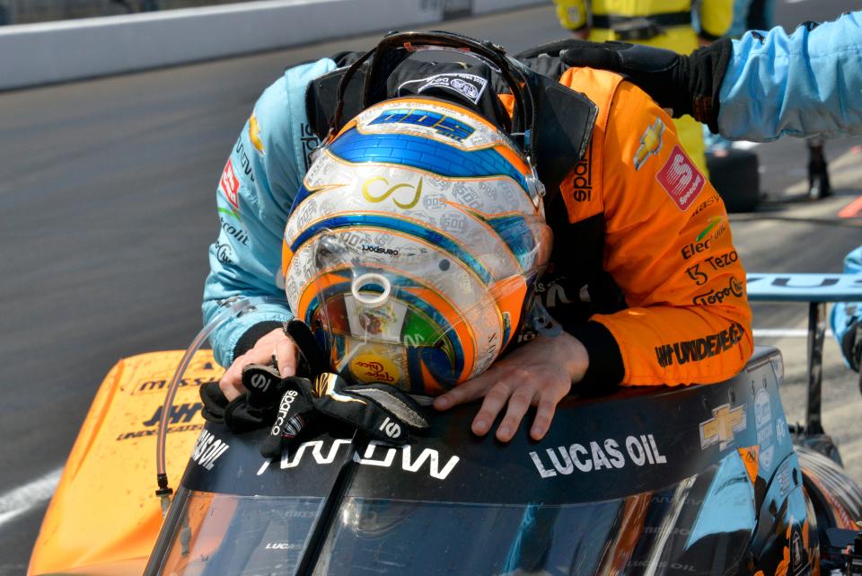 Arrow McLaren SP driver Pato O'Ward (5) reacts after finishing second Sunday, May 29, 2022, during the 106th running of the Indianapolis 500 at Indianapolis Motor Speedway