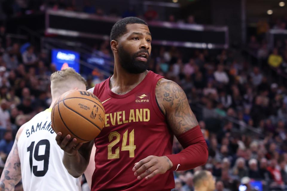 Cavaliers forward Marcus Morris Sr. (24) reacts to a call during a game at the Utah Jazz, April 2 2024.