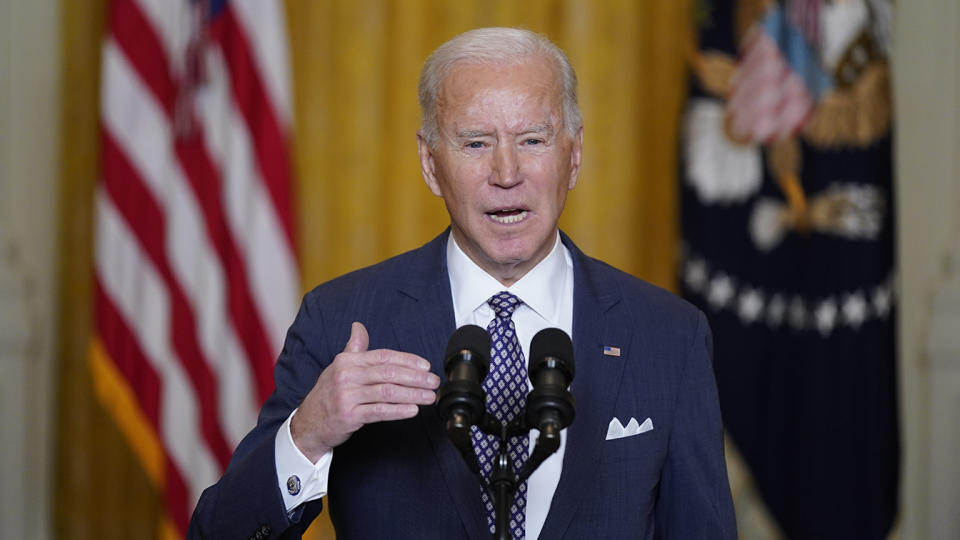 President Joe Biden speaks during a virtual event with the Munich Security Conference in the East Room of the White House on Feb. 19, 2021, in Washington. (Patrick Semansky/AP)