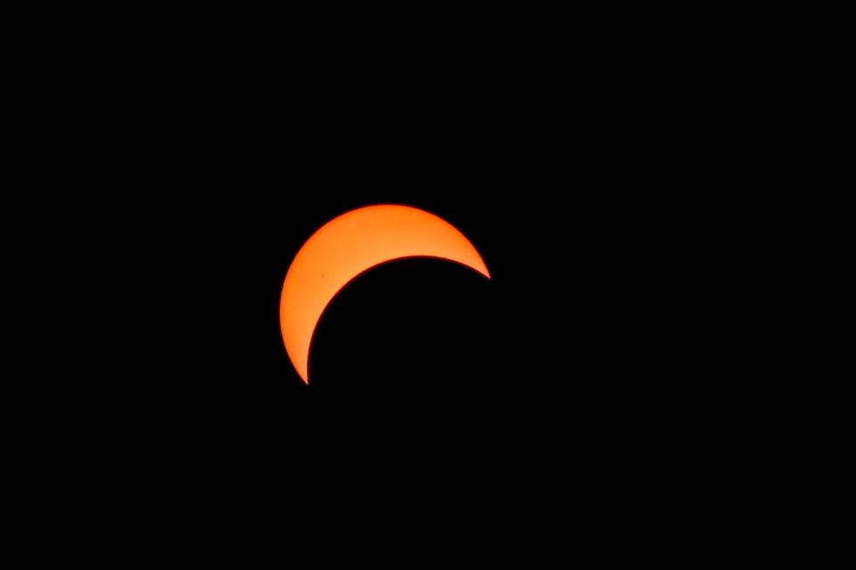 A view of the solar eclipse on Monday, April 8, 2024, in East Lansing.