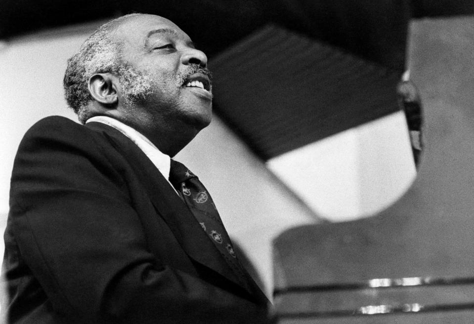 Count Basie performs on stage in Stockholm in July 1976.