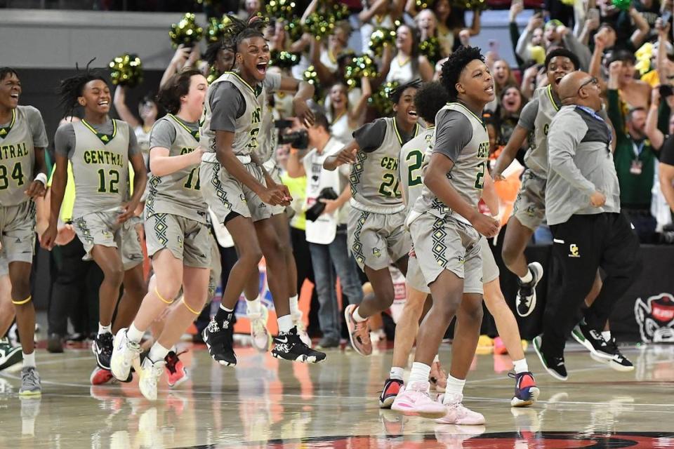 The Central Cabarrus Vikings celebrate after their 65-51 victory over Northwood in the NCHSAA 3A Boys Basketball Championship Game. The Northwood Chargers and the and the Central Cabarrus Vikings met in the NCHSAA 3A Championship Game in Raleigh, NC on March 11, 2023.