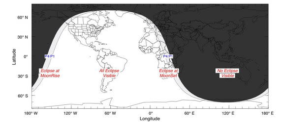 A map shows the area where the penumbral lunar eclipse of May 25, 2013, will be visible on Earth.