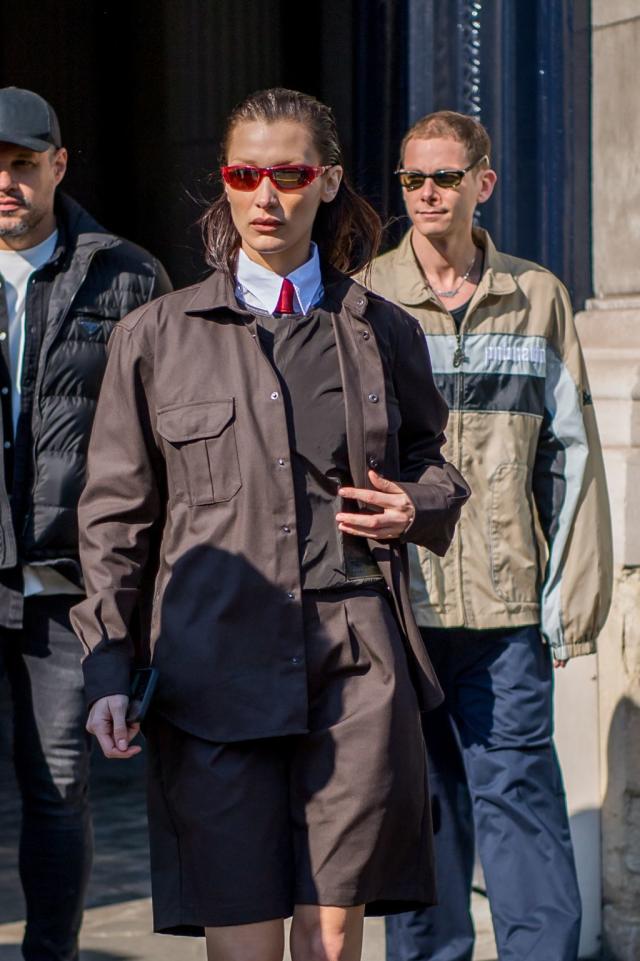 Bella Hadid Closes Out Paris Fashion Week in Schoolboy-Inspired Uniform &  Grunge Boots With Boyfriend Marc Kalman