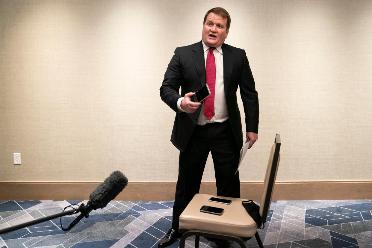 Tony Bobulinski, who says he is a former associate of Hunter Biden, talks with reporters before the presidential debate, Thursday, Oct. 22, 2020, in Nashville. (AP Photo/Evan Vucci) (AP)