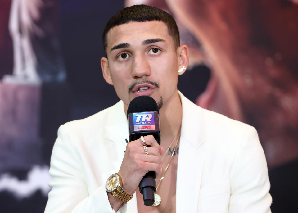 NEW YORK, NEW YORK – JUNE 08: Teofimo Lopez speaks during the press conference ahead of his June 10 fight for the WBO Junior Welterweight Championship against Josh Taylor, at Chase Square at Madison Square Garden on June 08, 2023 in New York York.  (Photo by Mikey Williams/Top Rank Inc via Getty Images)