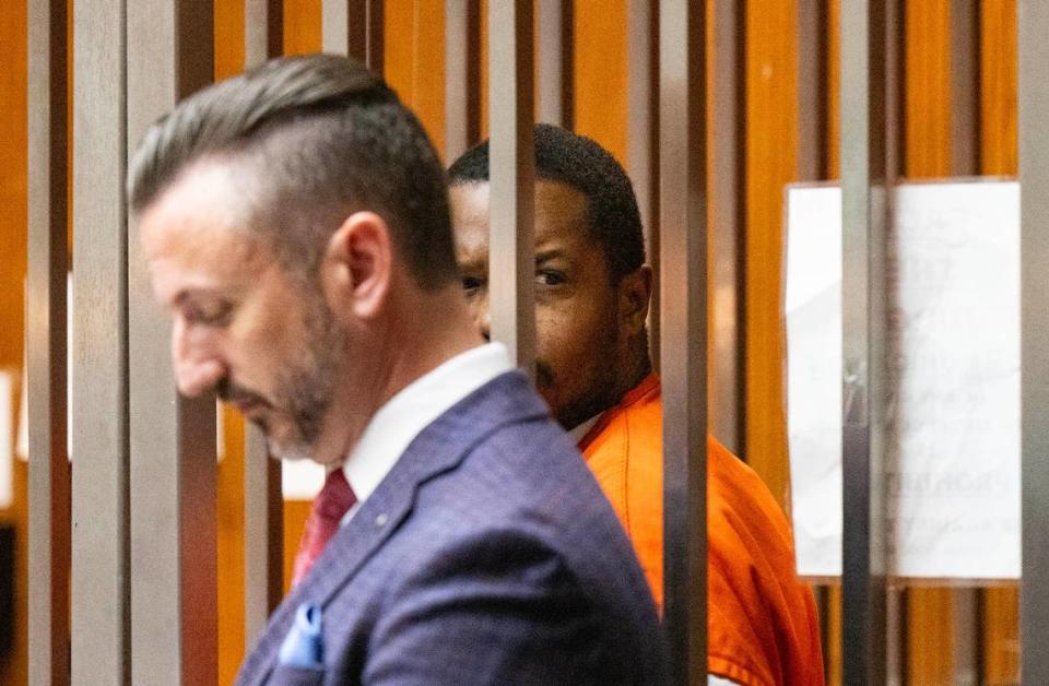 Eric Oneal Smith Jr. appears with attorney Byron I. Roope in Sacramento Superior Court on Tuesday, March 19, 2024, for his arraignment in conjunction with a police standoff in Fair Oaks last week. He faces charges that include attempted murder and assault with a firearm upon a peace officer.