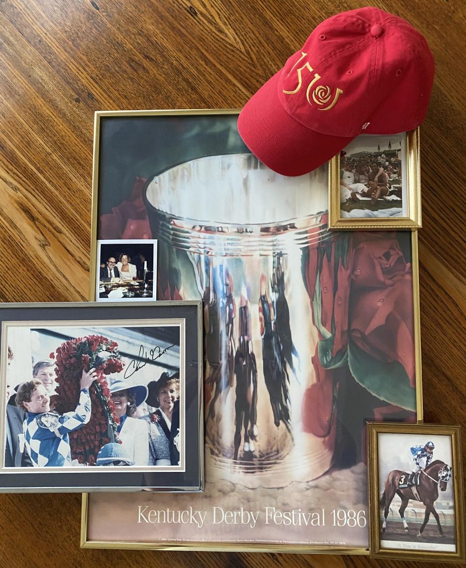 A collage of photos and a cap memorializing some of Marla Ridenour's favorite Derby memories.