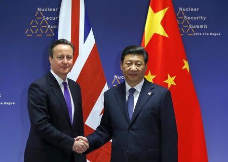 Britain's Prime Minister David Cameron (L) meets with China's President Xi Jinping during the Nuclear Security Summit in The Hague March 25, 2014. REUTERS/Yves Herman