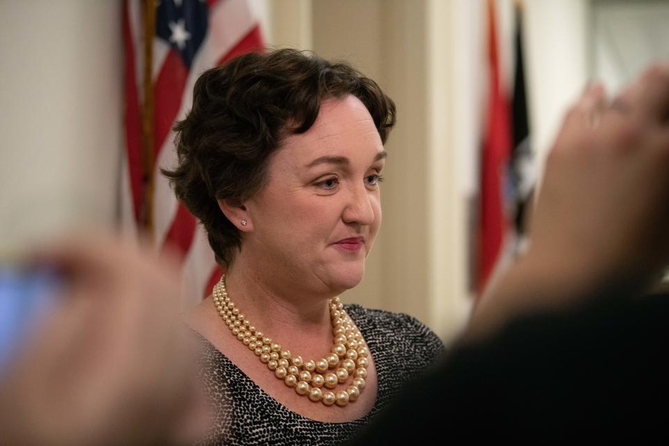 {Nov. 30, 2018} {10:30 a.m.} -- Washington, DC  -- Rep. Elect Katie Porter of California (D) talks with reporters following the lottery that assigns the order in which new members of congress are allowed to pick their offices. -- Photo by Hannah Gaber, USA TODAY Staff