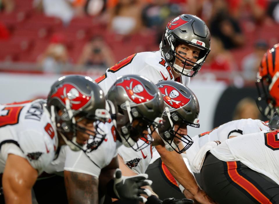 Tampa Bay Buccaneers quarterback Tom Brady waits for the snap during a preseason game against the Cincinnati Bengals on Aug. 14, 2021.