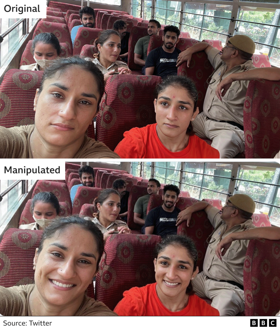Indian wrestlers take a selfie with the coach and compare original and manipulated images