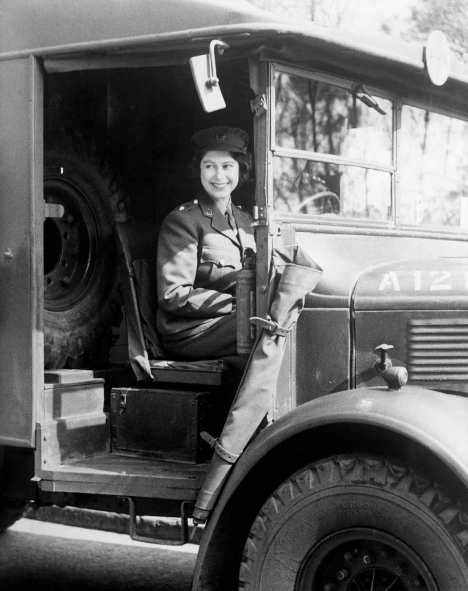Princess Elizabeth at the wheel of an Army vehicle when she served during the Second World War in the Auxiliary Territorial Service.   (Photo by PA Images via Getty Images)