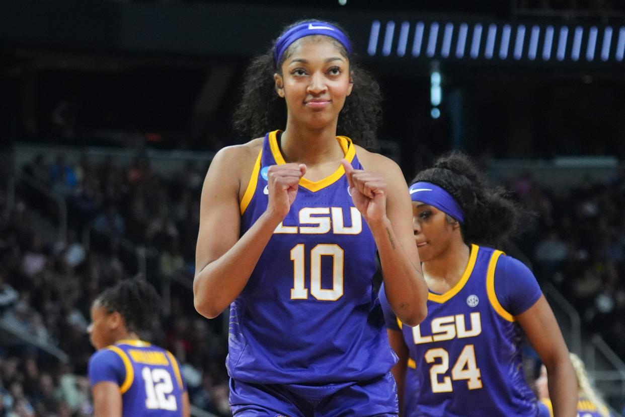 LSU Tigers forward Angel Reese (10) reacts to a foul call against the UCLA Bruins during the women's NCAA Tournament at MVP Arena.