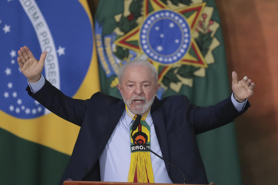 FILE - Brazilian President Luiz Inacio Lula da Silva speaks during an event to announce measures to prevent and control deforestation in the Amazon region on World Environment Day, in Brasilia, Brazil, June 5, 2023. After four years of rising destruction in Brazil’s Amazon, deforestation dropped by 33.6% during the first six months of Lula's term, according to government satellite data released Thursday, July 6, 2023. (AP Photo/Gustavo Moreno, File)