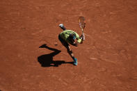Spain's Rafael Nadal returns the ball to Norway's Casper Ruud during their final match of the French Open tennis tournament at the Roland Garros stadium Sunday, June 5, 2022 in Paris. (AP Photo/Thibault Camus)