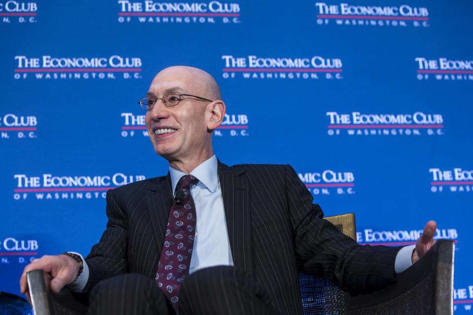 WASHINGTON, DC - MAY 09: NBA Commissioner Adam Silver discusses the state of the NBA and professional sports with Economic Club President David Rubenstein during and event hosted by the Economic Club of Washington, D.C. at the Capitol Hilton on May 9, 2019 in Washington, DC. (Photo by Zach Gibson/Getty Images)