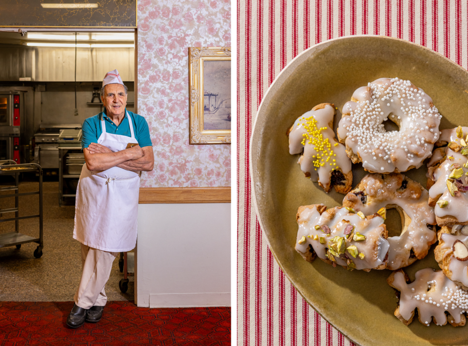 A man in white apron and chef's paper hat; a plate of glazed wreath-shaped Italian cuccidati cookies