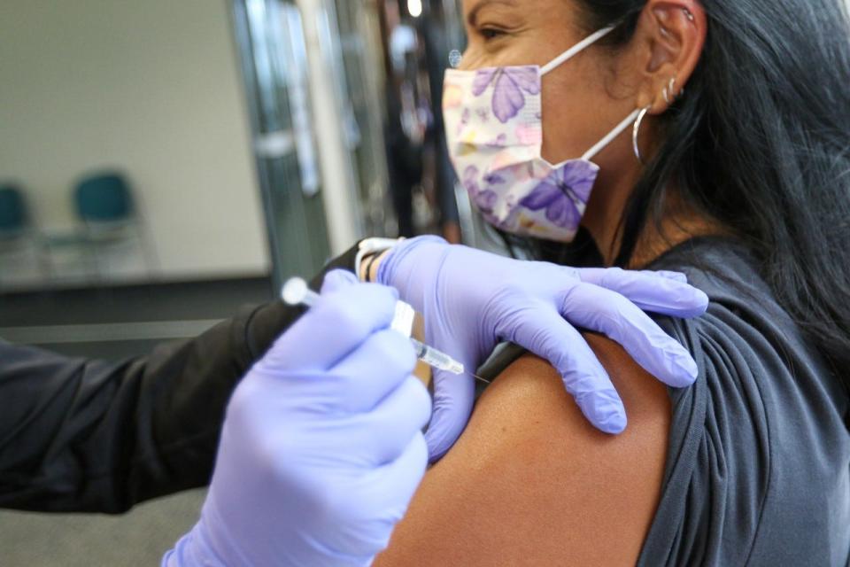 Viera resident Jessica Presley of Viera was among those getting a COVID-19 vaccine on Friday at a Health First vaccination center in Melbourne.