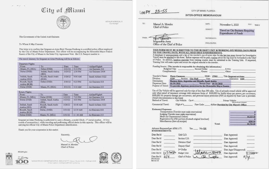 The Miami Herald compiled dozens of forms filed by Miami police officers each time they traveled with the mayor. These documents provided the basis for the Herald’s analysis of Suarez’s travels.