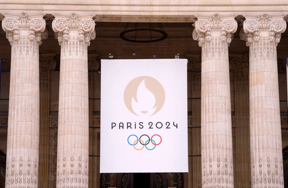 A Paris 2024 banner logo at the Grand Palais, Paris. The Opening Ceremony of the Paris 2024 Olympic Games takes place on Friday 26th July, along the River Seine. Picture date: Tuesday July 23, 2024. (Photo by David Davies/PA Images via Getty Images)